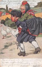 Hessische Tracht, Gänse Junge trägt Mädchen Huckepack 1917 n. Bielefeld gel.