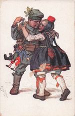 Künstler-Ansichtskarte Emil Beithan: Mädchen in hessischer Tracht liegt in den Armen seines Soldaten-Freundes, Eisernes Kreuz