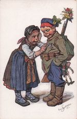 Künstler Ak Beithan, Emil, Frau betrachtet Orden von einem Soldaten, hessische Tracht