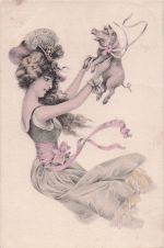 Künstler-AK Junge Frau mit kleinem Schwein