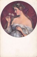 e künstlerische Darstellung einer Frau, die Löwenzahnblüten betrachtet.