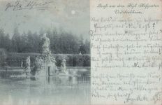 Mondschein-AK Veitshöchheim, Königlicher Hofgarten, Statue