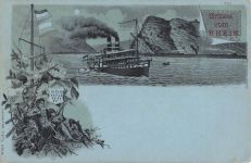 Lithographie Grüsse vom Rhein, Rheindampfer bei Nacht