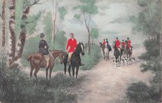 Das Bild zeigt eine Szene, die dem traditionellen Jagdreiten oder einer Hubertusjagd