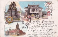 Lithographie Hamburg-Neustadt, Die Bost, Stadttheater, Kriegerdenkmal