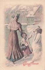 Frohes Neues Jahr – Kleines Mädchen zeigt ihrer Mutter einen Schneemann