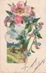 Karte zeigt große, rosa Blüten (möglicherweise Hagebutten) und kleine, blaue Vergissmeinnicht.