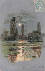 Postkarte mit einem Gemälde, das eine nächtliche Landschaft mit einem Gewässe