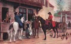 Le coup de l’Etrier – (Der Schluck im Steibügel). Drei Edelleute zu Pferden trinken vor einer Schänke.