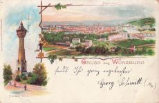 Lithographie Würzburg, Franken Warte, Panorama