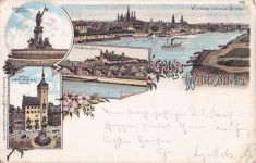 Lithographie Würzburg, Uferpartie mit d. neuen Brücke, Luitpold-Brunnen, Rathaus m. Gräfin-Eckardts-Thurm
