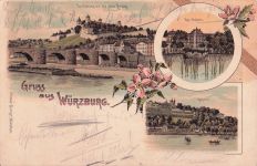 Lithographie Würzburg, Die Festung mit der alten Brücke, Königliches Schloss, Kapelle