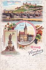 Künstler-AK Würzburg, Festung mit der alten Brücke, Luitpold Brunnen, Rathaus