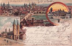 Lithographie Würzburg, Dom, Alte Brücke und Festung