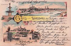 Lithographie Würzburg, Festung mit der neuen Brücke, Kiliansbrunnen, Totalansicht