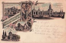 Lithographie Nürnberg, Bayrische Landes-Ausstellung 1896, Maschinenhalle, Industriegebäude, Cafè-Haus zum Rothenburger