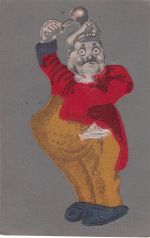 Filz-Ansichtskarte, die einen Mann mit übertriebenen Proportionen in einem roten Sakko und gelber Hose darstellt.