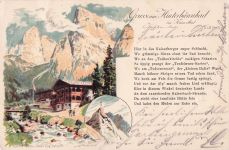 Lithographie Kufstein, Unterkunftshütte Hinterbärenbad im Kaiserthal, Gipfelkreuz