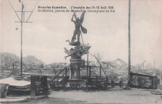 Bruxelles-Exposition. L'Incendie des 14-15 Août 1910 St-Michel, patron de Bruxelles, triomphant du feu