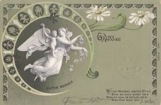 Lithographie Schwebender Engel verstreut Blumen, Guten Morgen, Gruss aus