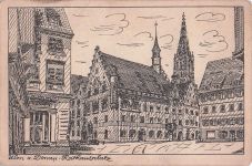 Künstler-AK Ulm a. D., Rathaus mit Brunnen und Passanten
