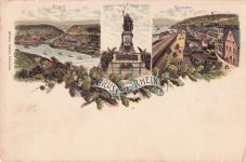 LITHO GRÜSSE AUS RÜDESHEIM RHEINGAU TAUNUS NATIONALDENKMAL + BINGEN 3 BILD 1900