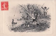 Wunderschöne Vintage-Postkarte mit einer Entenfischerei! Fischer