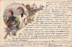 Lithographie von zwei Personen in traditioneller hessischer Tracht.