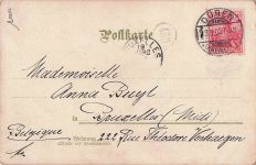 Lithographie von zwei Personen in traditioneller hessischer Tracht.