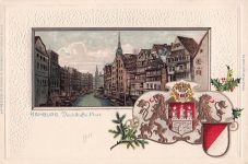 Passepartout-Lithographie Alt-Hamburg, Deichstrasse Fleet, Boote, Wappen mit goldenen Löwen