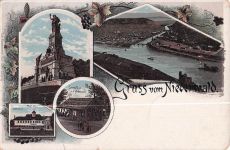 Lithographie Rüdesheim am Rhein, Eremitage a. d. Niederwall, Jagdschloss, Niederwalddenkmal