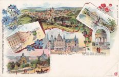 Lithographie Wiesbaden, Schloss, Curhaus, Rathaus, Tempel auf dem Neroberg