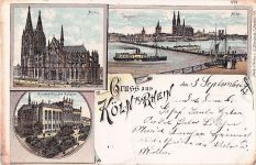 Lithographie Köln, Panorama mit Dampfer, Dom und Richard-Wallraf Museum