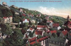 Loschwitz bei Dresden. Die erste Bergschwebebahn der Welt vom Burgberg aus gesehen.