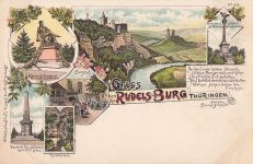Gruss von der Rudelsburg Burghof und Denkmäler Thüringen Postkarte Litho