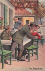 Künstler-AK Arthur Thiele unsign.: Soldatenhumor, Die Requisition, Soldat küsst die Bedienung auf die Wange