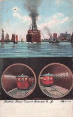 Postkarte: New Yorker Hafen mit Schiffen und Eisenbahnröhren