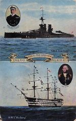 Postkarte Brit. Kriegsschiff, HMS Iron Duke, HMS Victory, England expects that every man will do his duty