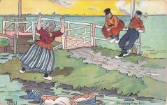 Künstler-AK Phil Raven: Niederländische Männer lachen über hysterische Waschfrau