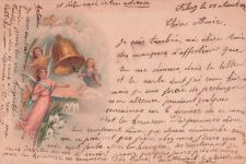 Lithographie Weihnachtsengel mit Glocke