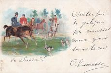 Eine Jagdgesellschaft zu Pferd mit Hunden