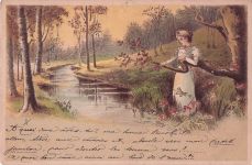 Gedicht auf AK Frau Fluss Baeume Natur Litho Kat. Lyrik