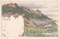 Litho Dornburg Camburg in Thüringen, Ortschaft mit Burg, Eisenbahn