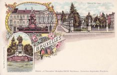 Lithographie Bruxelles, Fontaine de Brouckère, Place du Petit Sablon, Statues des Comtes
