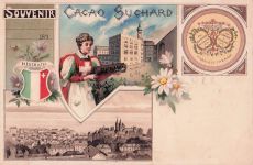 Lithographie Neuchatel, Kakao Suchard, Frau in Tracht, Ortsansicht, Wappen
