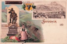 Lithographie Altdorf, Ortsansicht, Wilhelm Tell-Denkmal, Suchard Reklame