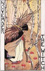 Künstler Ak Cramer, Rie, November, Allegorie, Fliegenpilze, alte Frau