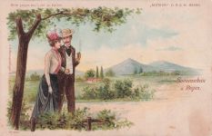 Lithographie Paar spaziert im Sonnenschein, Im Gegenlicht bei starkem Regen, Halt gegen das Licht