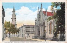 Postkarte aus den 1920er Jahren – Church Street, Hugenottenkirche und St.-Philipps-Kirche, Charleston, South Carolina
