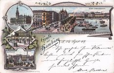 Lithographie Hamburg, Haupt-Postgebäude, Alster-Bassin, Börse